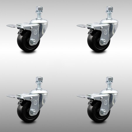 Service Caster 3 Inch SS Hard Rubber Swivel 12mm Threaded Stem Caster Set Total Lock Brake SCC-SSTSTTL20S314-HRS-M1215-4